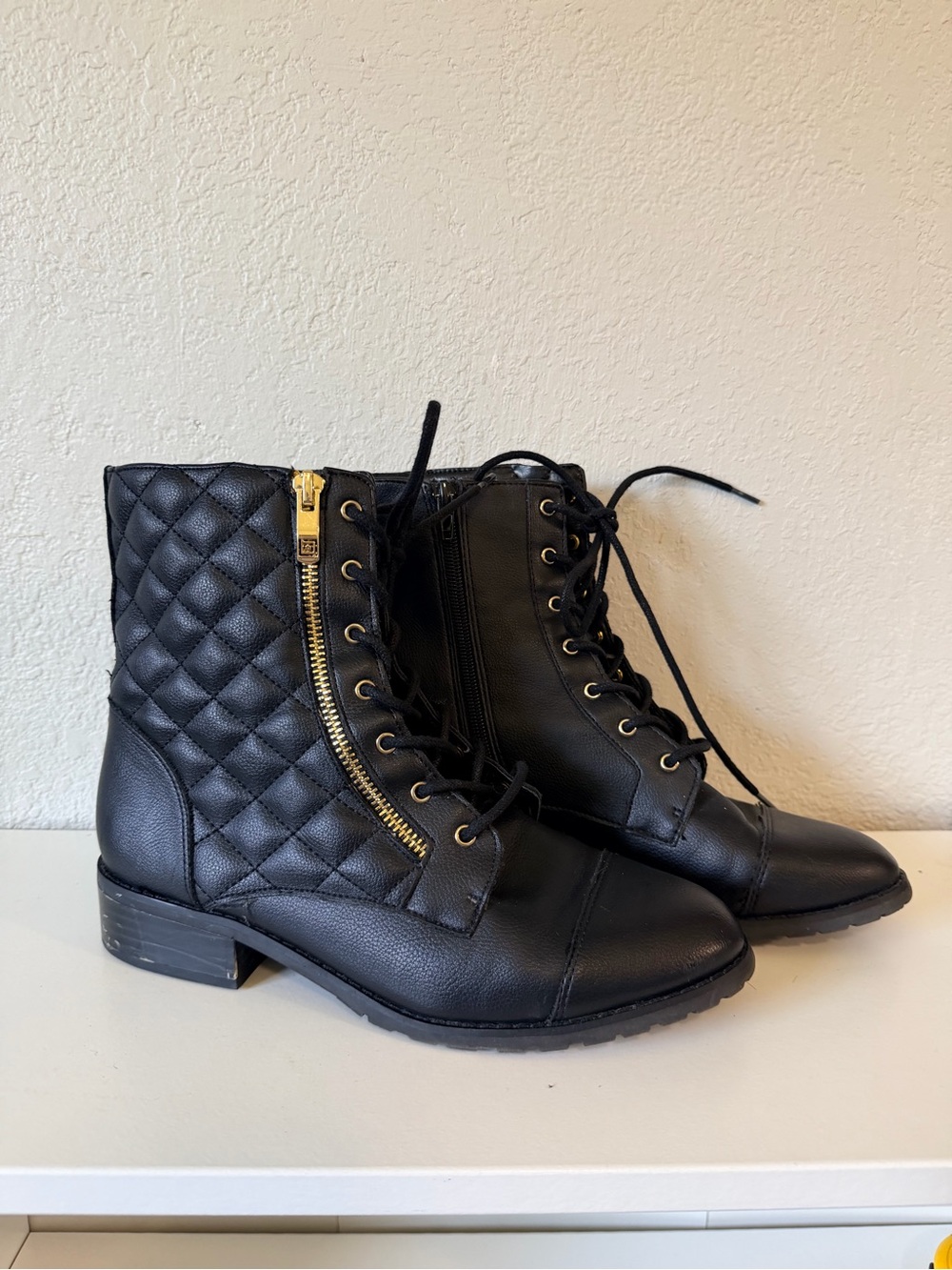 Liz Claiborne Black Quilted Lace-Up Boots with Gold Zip Accent